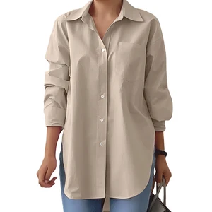 Custom High Quality Women's Casual Solid Breathable Polyester/Cotton Regular Fit Blouse Turn-down Collar Conventional Sleeve