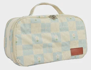 Corduroy Makeup Bag with Floral Checkered Pattern, Spacious Travel Toiletry Organizer with Top Handle