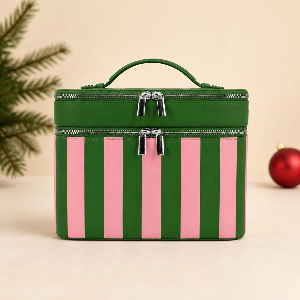 Custom logo Large PU Leather Double Layer Cosmetic Case with Zipper Top Handle for Women Christmas Gift Storage