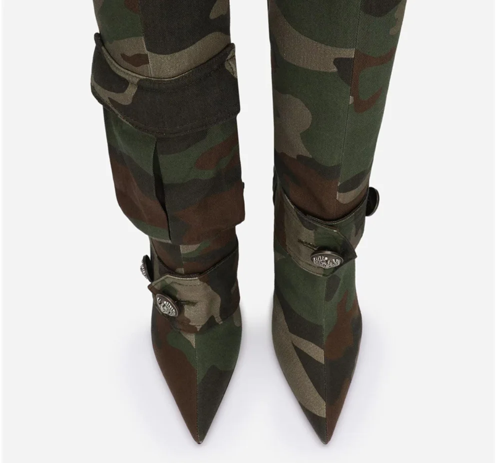 New Styles Camouflage Cloth Boots High Heel Fashion Large Size With Belt Women Over The Knee Boots - Image 2