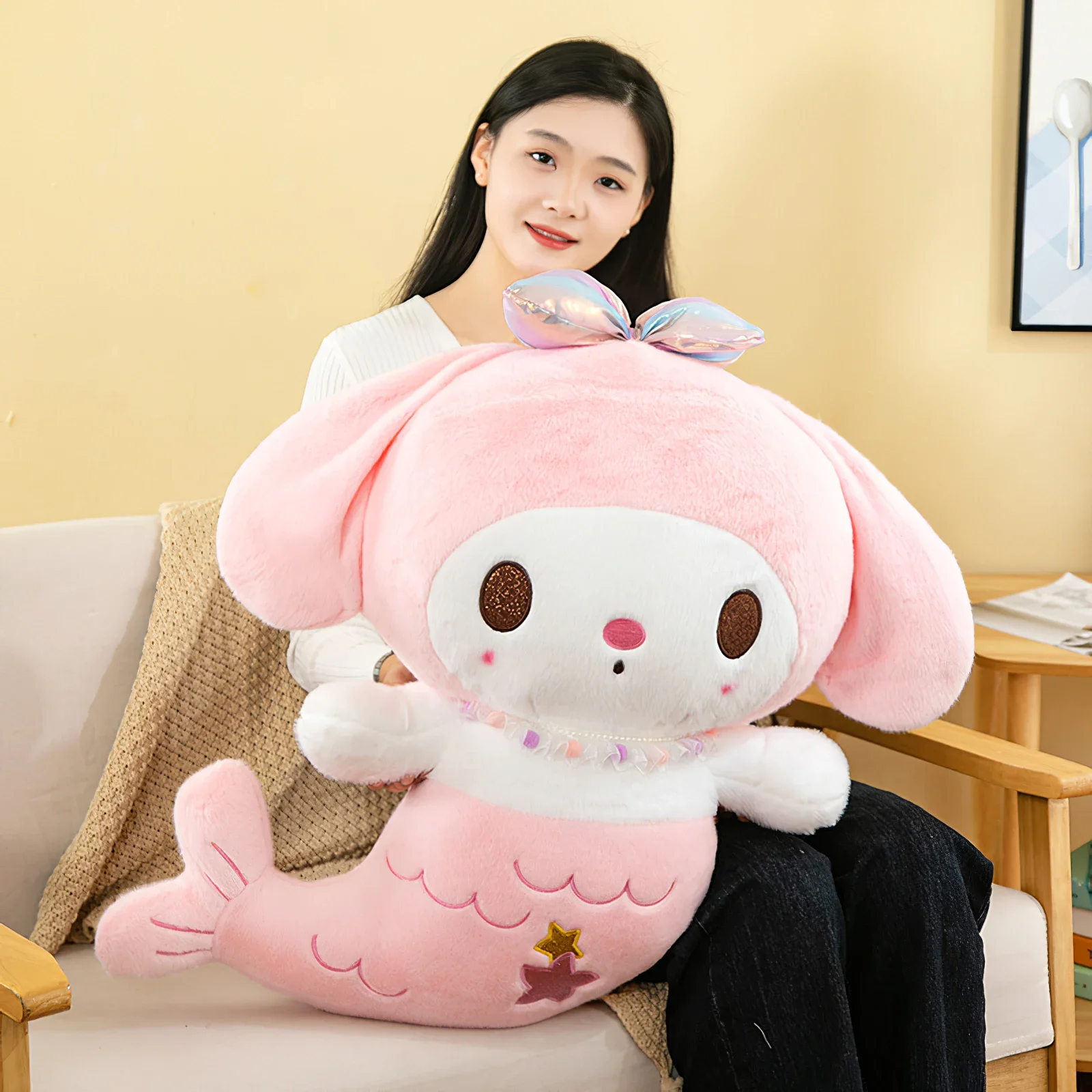 60cm Cute Sanrio Kuromi My Melody Plush Toy Kawaii Transformed Mermaid