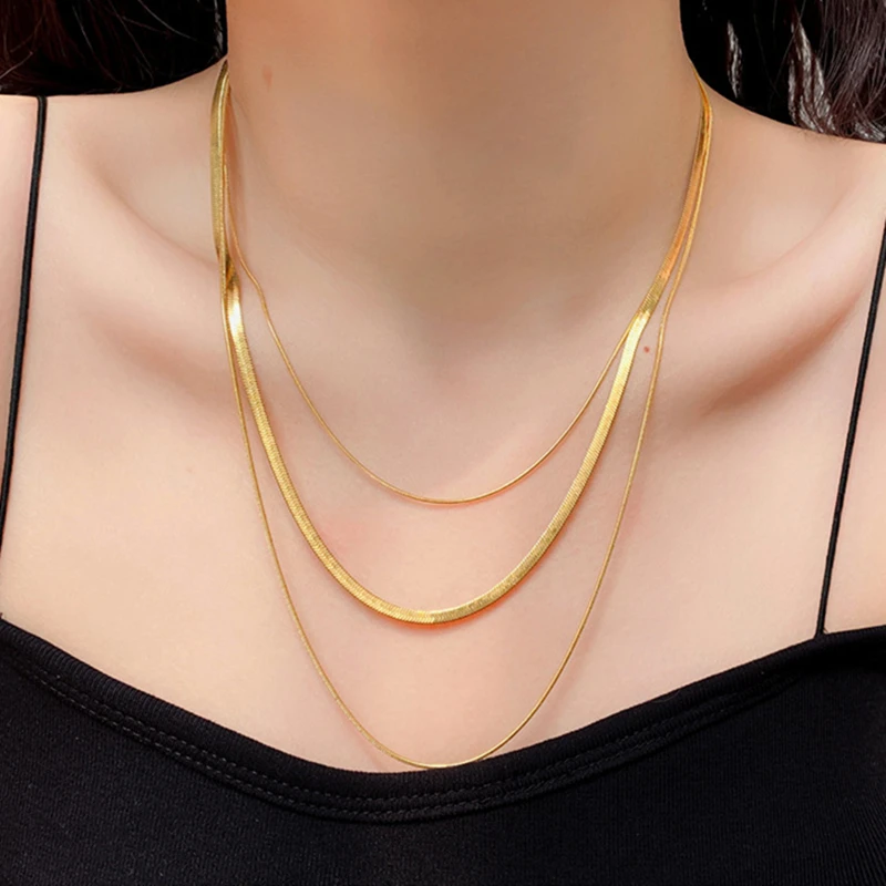 Waterproof Multiple Paperclip Chain Layer Necklace Set 18k Gold 
