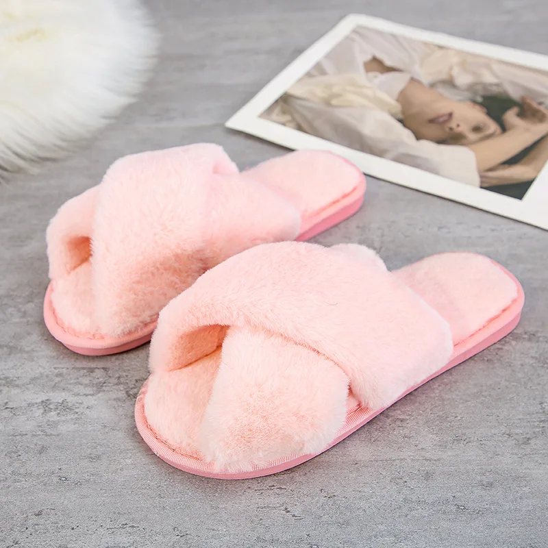 2022 Winter Cross Strap Fuzzy Furry Plush Slipper Wholesale Fashion ...