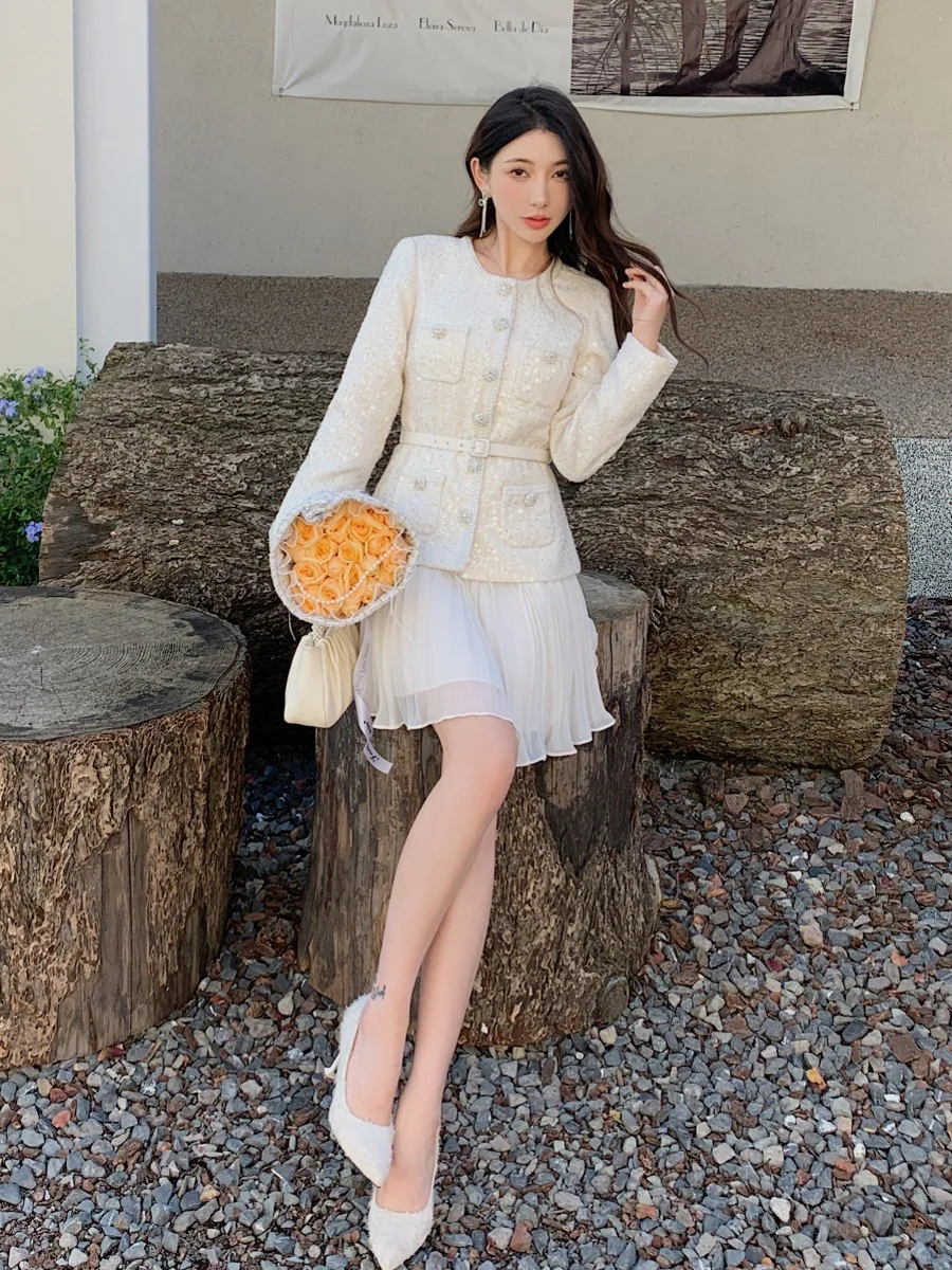 Cropped Jacket Layered Tweed Pleats Dress ワンピース 2025 Autumn Sequined Tweed Dress by Mz Luxe - Formal Wear