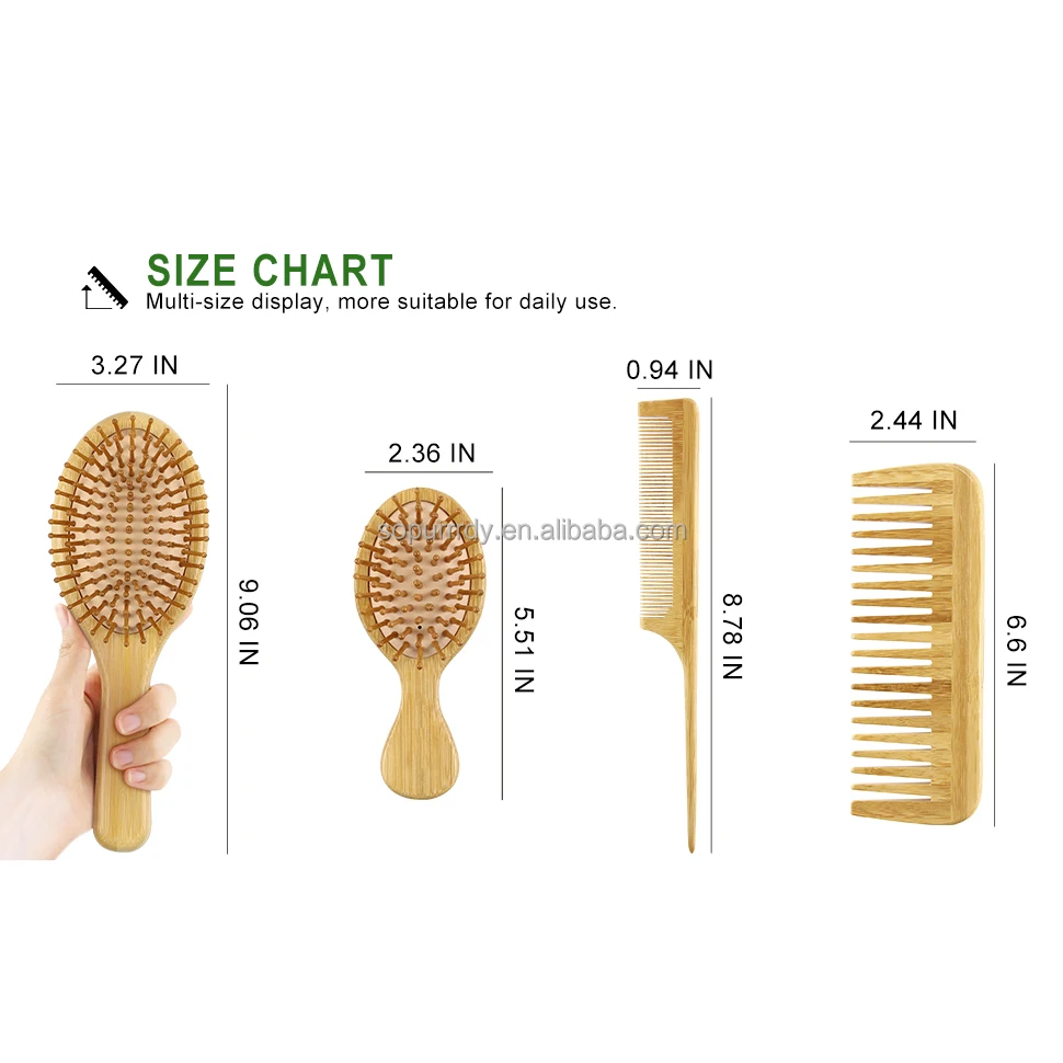 Wide Tooth Scalp Natural Custom Logo Bamboo Wood Bristle Round Detangler Hair Brush Self-Cleaning Massage Hairbrush and Comb Set