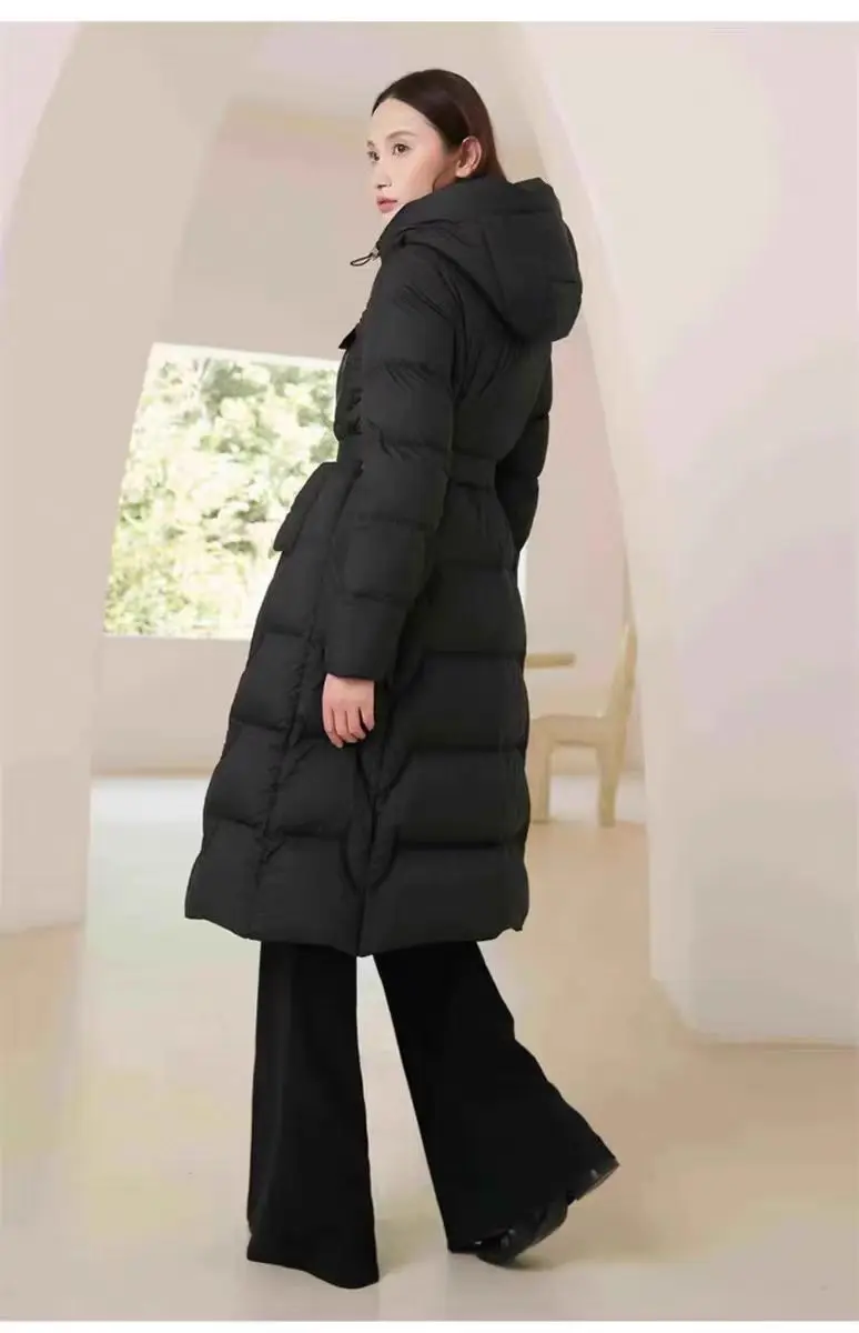 High Quality Women's Winter Parka Long Puffer Down Jacket with Hooded Collar Belt Thick Warmth Quilted Windbreaker Outdoor Coat