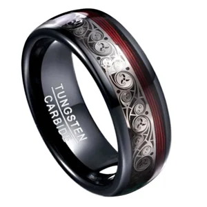 8mm Black Tungsten Ring for Men with Celtic Spiral and Red Guitar String Inlaid Custom Wedding Band