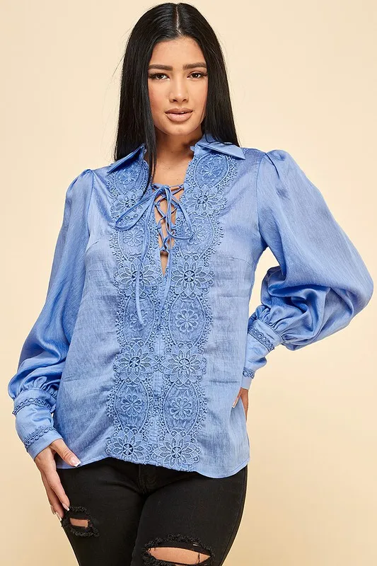 Ladies Elegant Lace V-neck Drawstring Top - Image 3