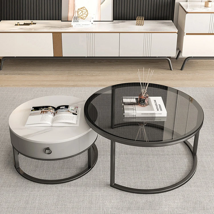 Best Sales Gold Round Coffee Table Set For Living Room Glass Slate
