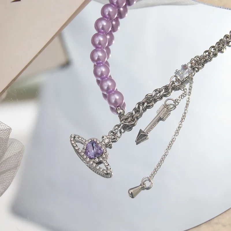 Purple Planet Pearl Patchwork Necklace with Dreamy, Sweet and Cool Temperament Necklace