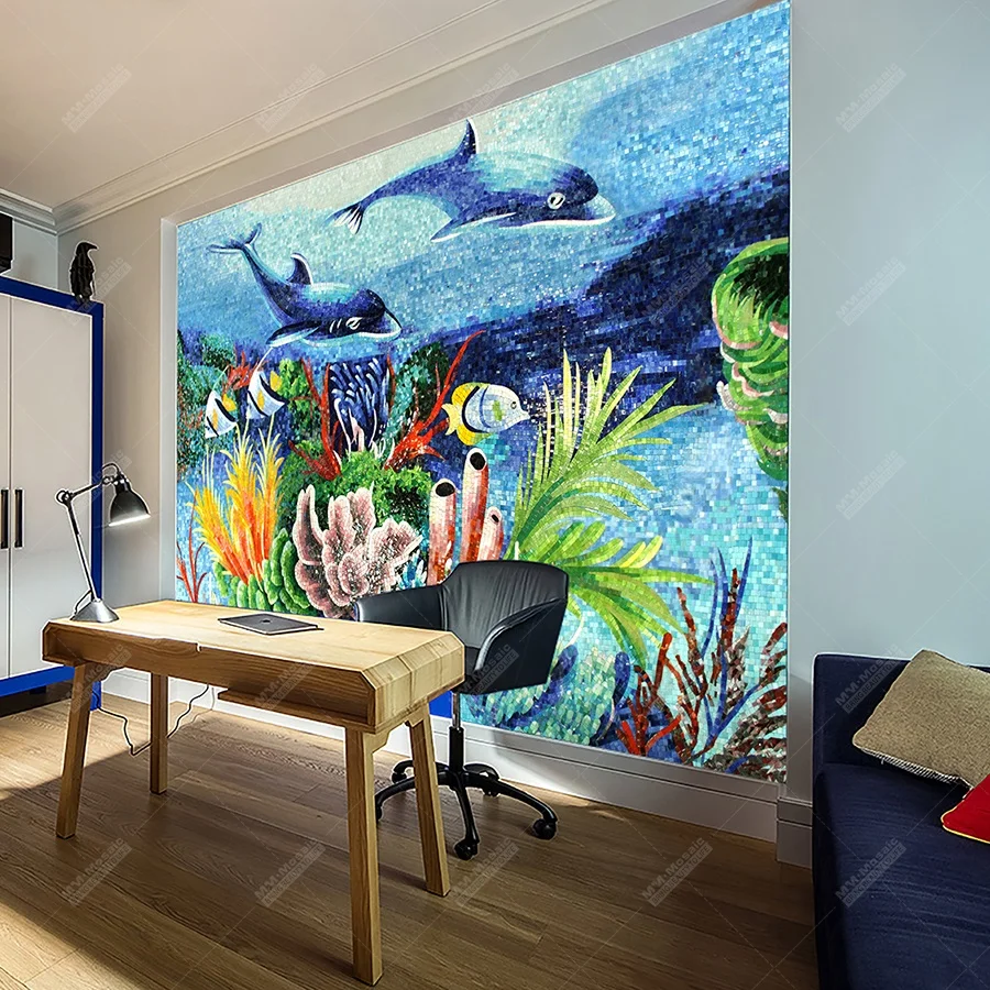 New Design Dolphin Fish Pattern Hand-cut Mosaic Art Glass Tile Ocean Mural for Living Room Wall Hotel Bathroom Swimming Pool