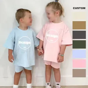 Wholesale Custom Cotton Spandex Casual Print Knit Short Sleeve Drop Shoulder Oversized T-Shirt and Shorts Set for Toddler Unisex