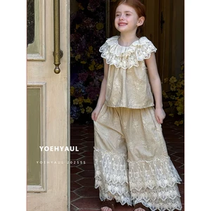 YOEHYAUL 25102 Summer Girls Sleeveless Ruffled Neck Linen Top Wide Leg Pants Set Lace T-shirt Embroidered Lace Pants for Kids