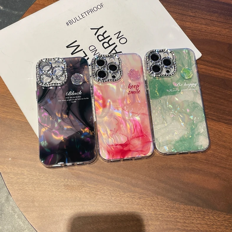 Luxury Diamond Marble Shell Soft TPU Case for iPhone 16 Plus 15 Pro 14 Pro Max 13 Mini 12 11 Bling Girls Smudge Phone Cover