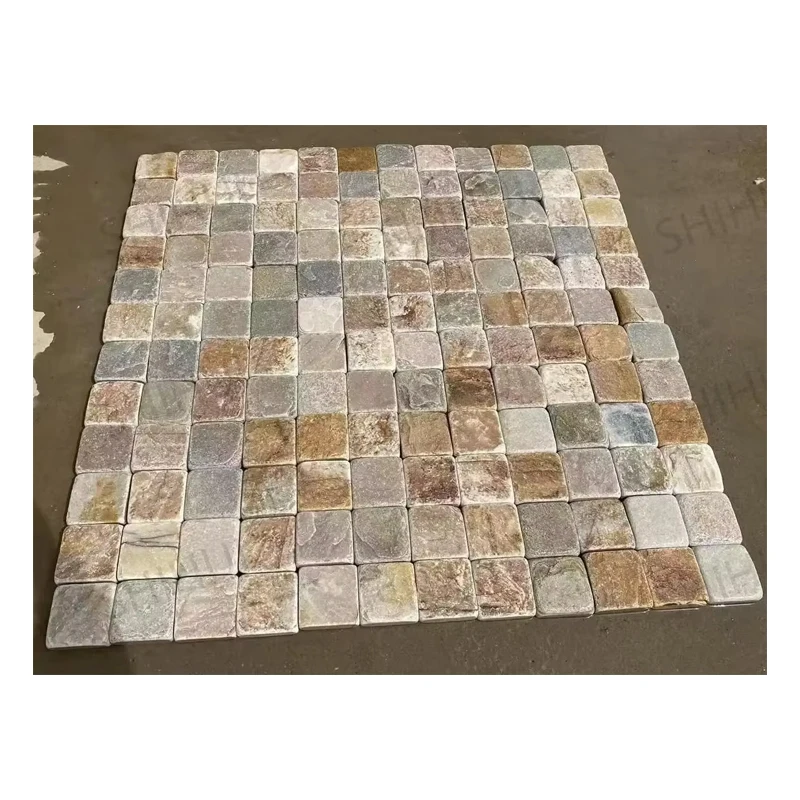 Oyster Gold Quartzite Cobble Cube Tumbled Natural Split Surface Mesh Pavers Driveway Patio Paving Stone Cobblestone Slate