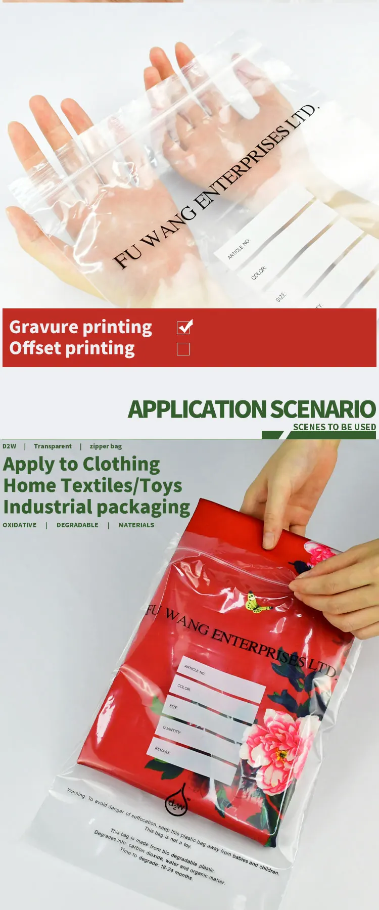 Custom d2w suffocation warning poly bag with zipper oxo biodegradable plastic bags for clothing packing details