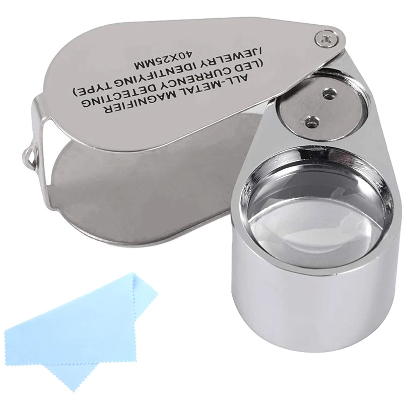 25mm Lens 40X Metal Illuminated Jewelry Loupe Magnifying Glass for Currency Detecting Jewlers Identifying