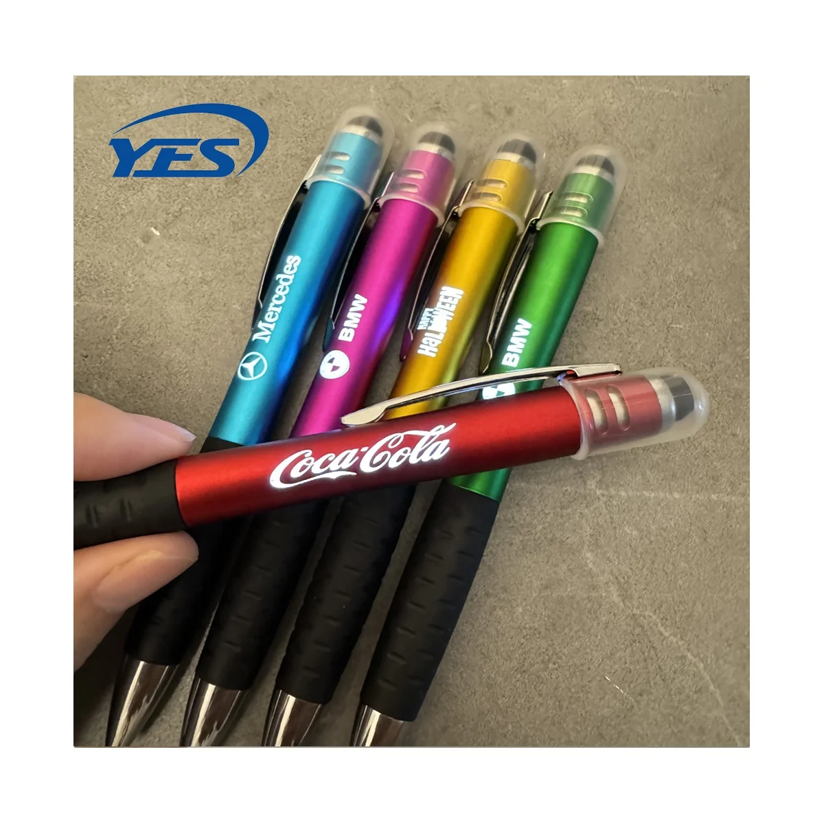 Soft Touch Screen Stylus Pen Active Custom logo Printed Promotional Black Blue Led Ballpoint Pens With Custom logo Led