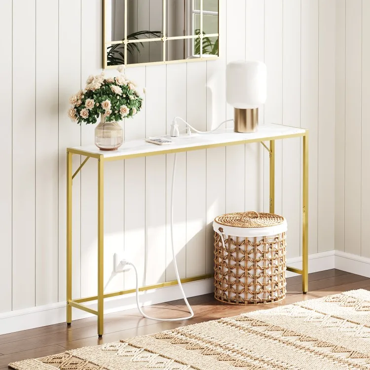 Console Table with Power Station, Industrial Style Entryway Table, Behind Sofa Table with Outlets and USB Ports for Entryway