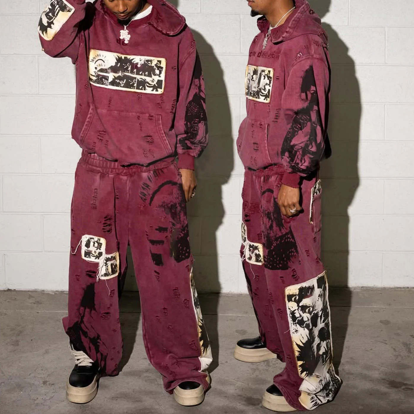 Custom Applique Embroidery Distressed 2 Piece Vintage Acid Wash Track Sweat Suit Men Jogger Sweatpants and Hoodie Set Tracksuit gallery 7
