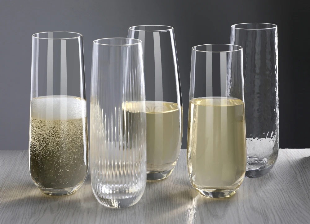 Custom Logo Unique Wedding bar Modern Ribbed Hammered Lead Free Crystal Stemless Prosecco Glassware Champagne Flutes Glasses