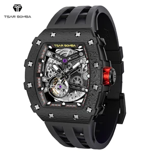 For Tonneau Carbon Fiber Skeleton Mens Mechanical Automatic Watch MiYOTA Movement Rubber Band Water Resistant Analog Dial
