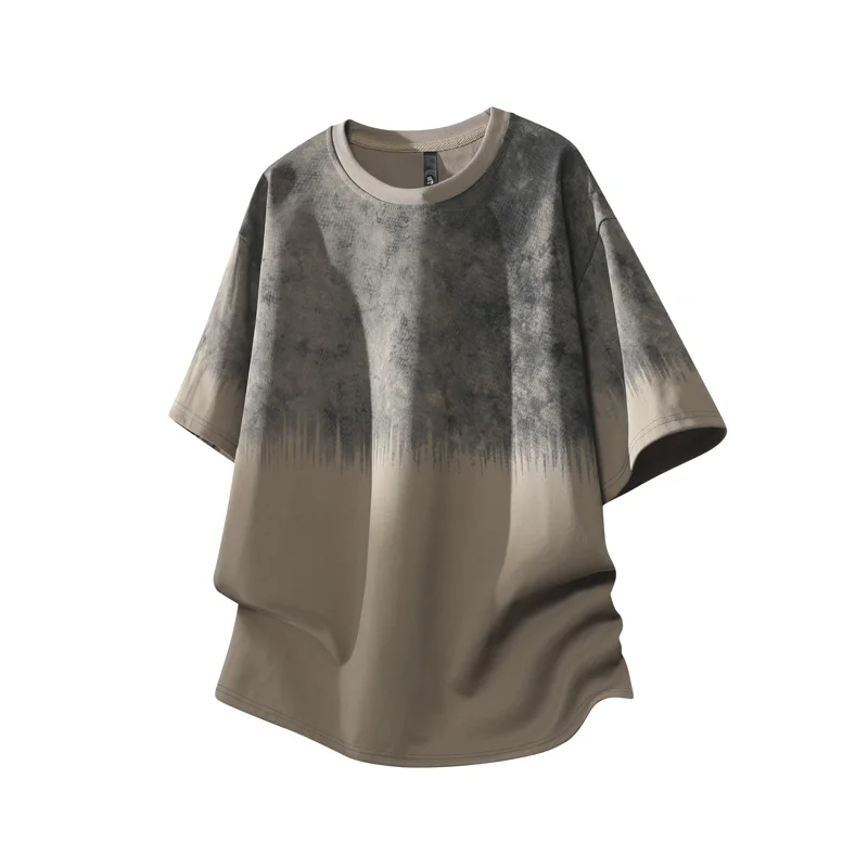 Retro gradient print breathable short-sleeved T-shirt, 100% polyester, men's casual crew neck streetwear T-shirt.