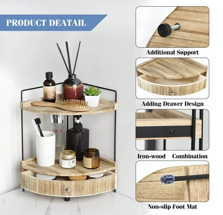2tier Wood Corner Bathroom Counter Organizer Vanity Shelves Kitchen Tray With Drawer For