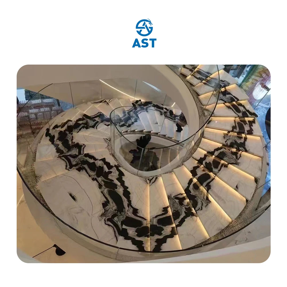 AST OEM/ODM Custom Natural Marble Floating Straight Staircase Modern Indoor Panda White Marble Tiles for Stair Treads Design