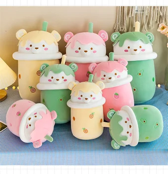 Wholesale New Creative Milk Tea Cup Fruit Animal Teddy Bear Plush Toy Throw Pillow 25cm 30cm 40cm