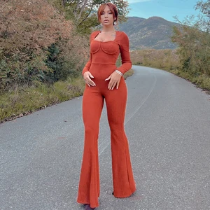 Fall Winter 2022 Square Collar Thread Long Sleeve Pleated Flare Pants Women's Pit Strip Jumpsuit