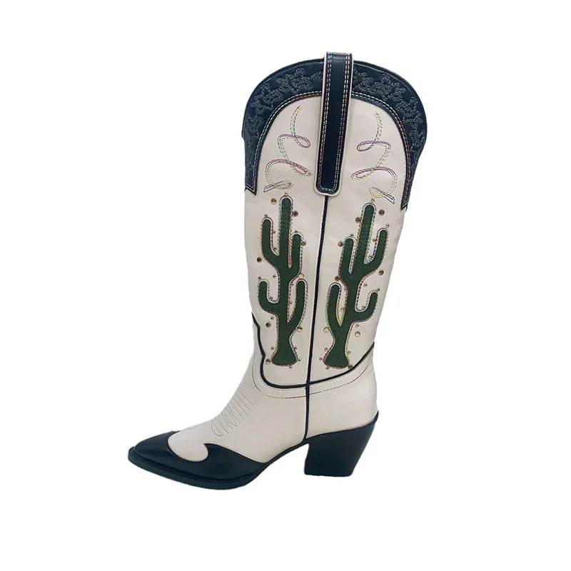 Hot Selling Chunky Heel Knee High Boots Ladies Pointed Toe Embroidery Cactus Women Western Cowboy Boots - Image 6