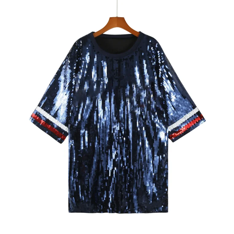 Vintage Flash Hip Hop T-shirt Casual Baseball Sequin Striped Knee