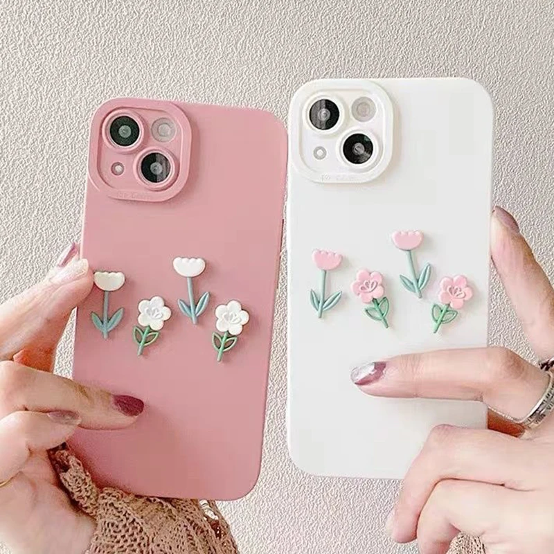 Wholesale Korean Aesthetic 3D Flower Pink Phone Case For iPhone 13 12 11  Pro XS Max X XR 7 8 Plus SE Cute Tulip Soft Silicone Back Cover From  m.