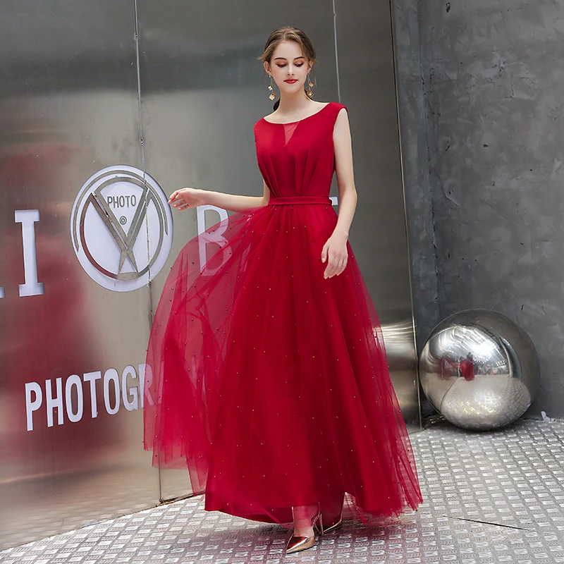 2019 Maxi Bridesmaid Dresses New Fashion Sleeveless O Neck Long Red Pearl  Decorated Wedding Party Evening Dresses