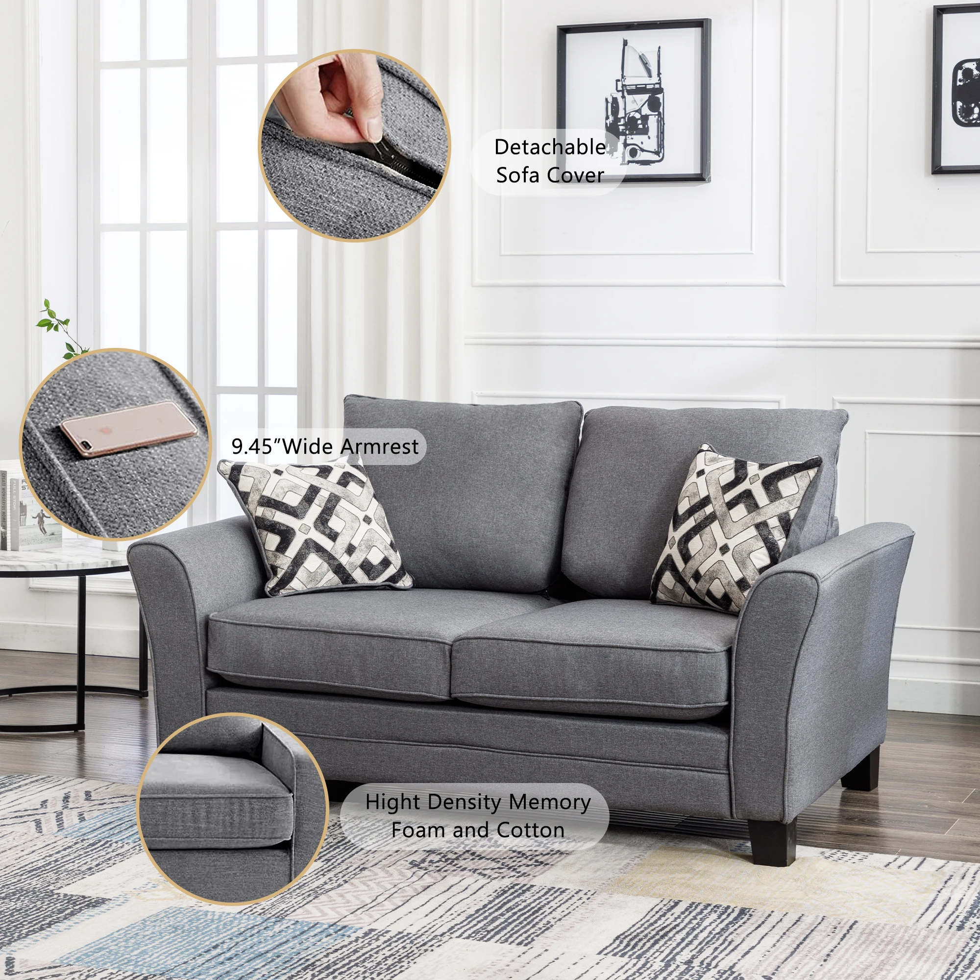Tomato Inc Modern Home Fabric Sofa Couch Living Room Furniture Gray