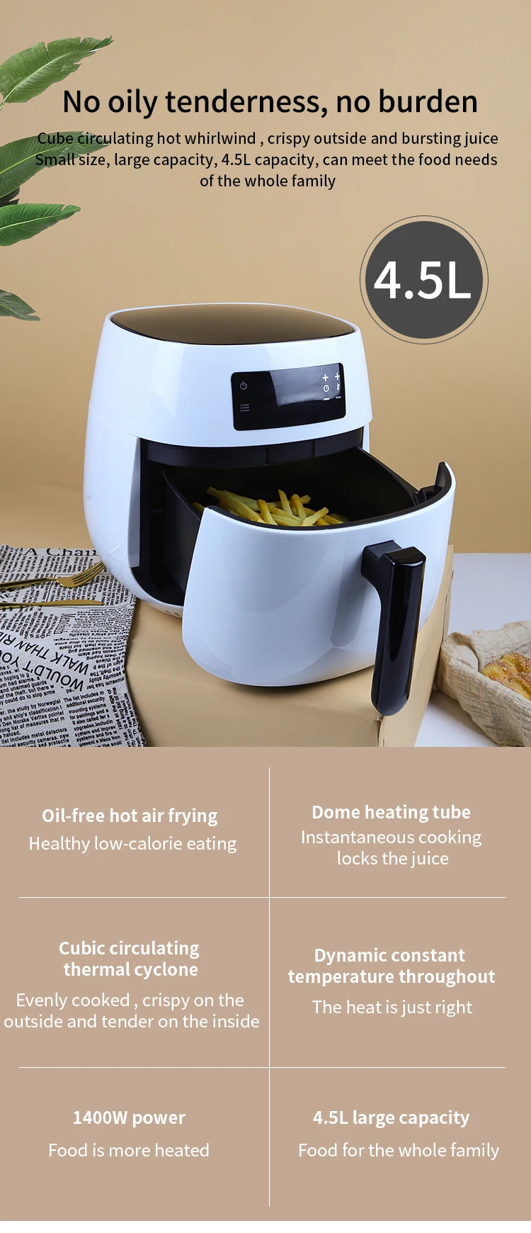 MultiFunction 7 in 1 Electric Digital Deep Cooking Oil Free Air Fryer 4.5L Healthy