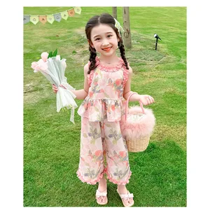 3-8 Years Old  Sweet Girl Suit Summer Travel Seaside Vacation  Style Sleeveless Floral Suspenders Wide Leg Pants Trend