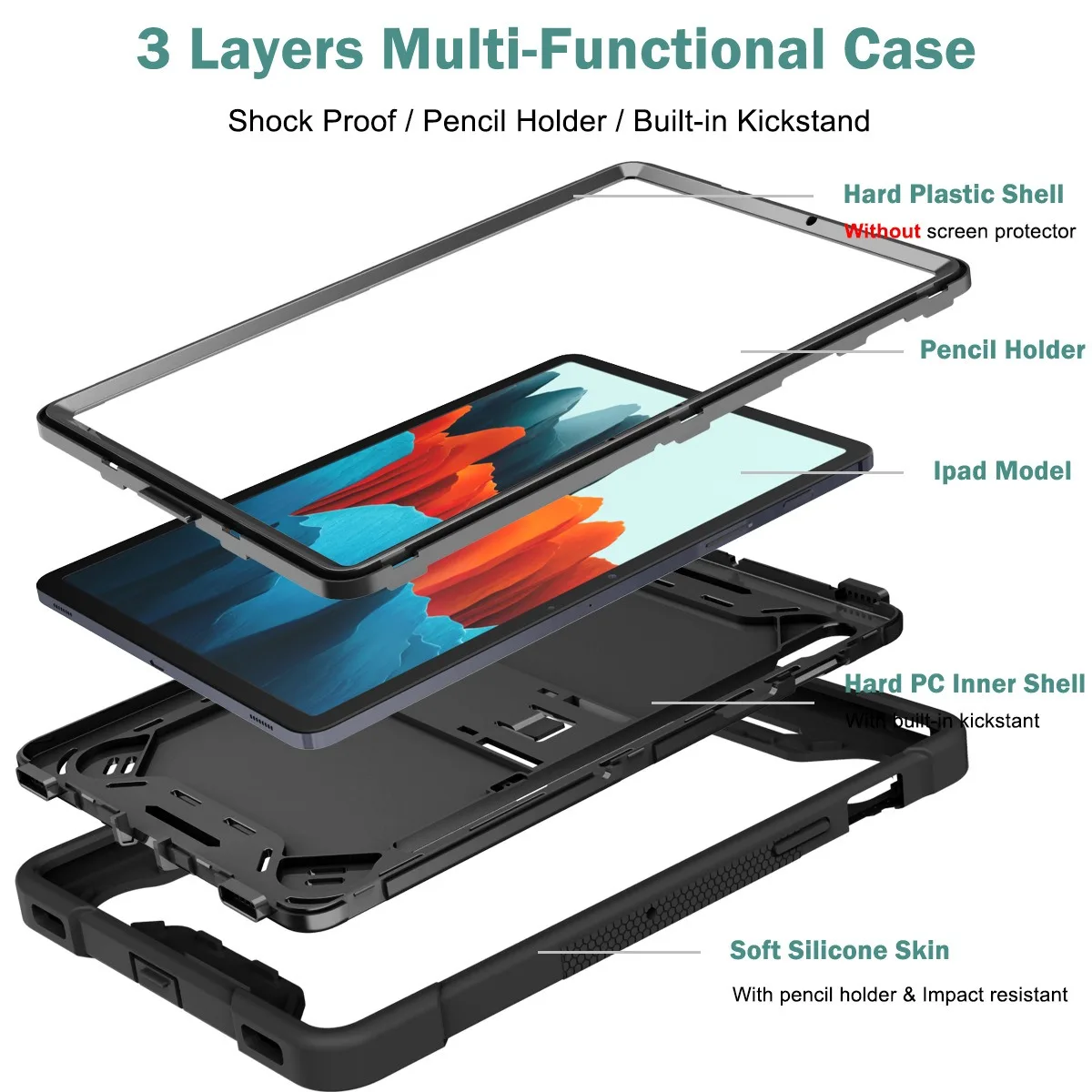 product laudtec folding holder tablet case for samsung tab s11 a11 rugged silicone pencil slot 3 layers multi functional cover pbk335-4