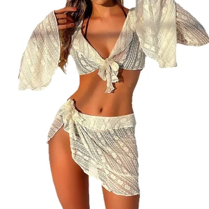 Women's Plus Size Brazilian Four-Piece Bikini Set Solid Color Mesh Long Sleeve Anti-UV Quick Dry Breathable Reversible