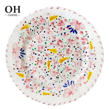 Pink Floral Pattern Dinnerware Fresh Bone China Dinner Plate Embossed Ceramic Charger Lace Rim Porcelain Dinner Set for Party