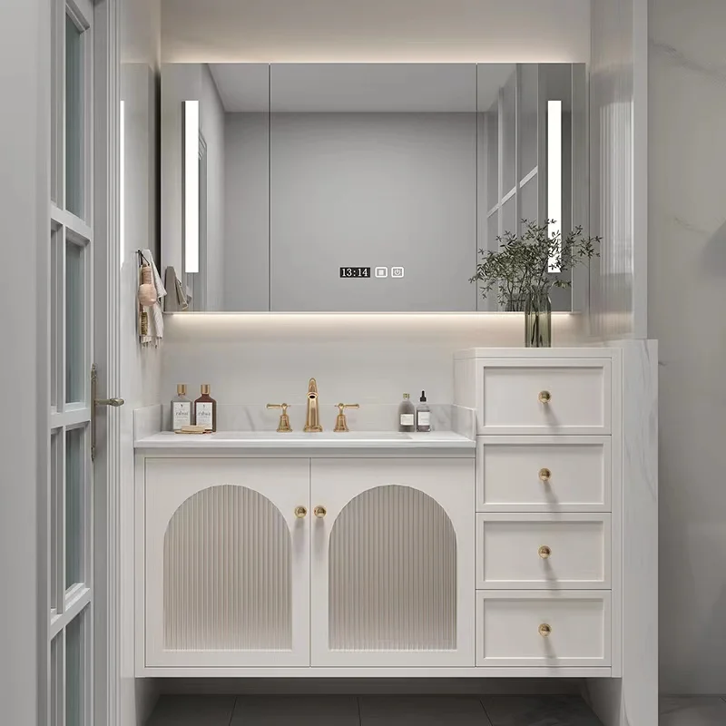 Floor type solid wood bathroom vanity with intelligent mirror cabinet customized color and size made in china luxury cabinets