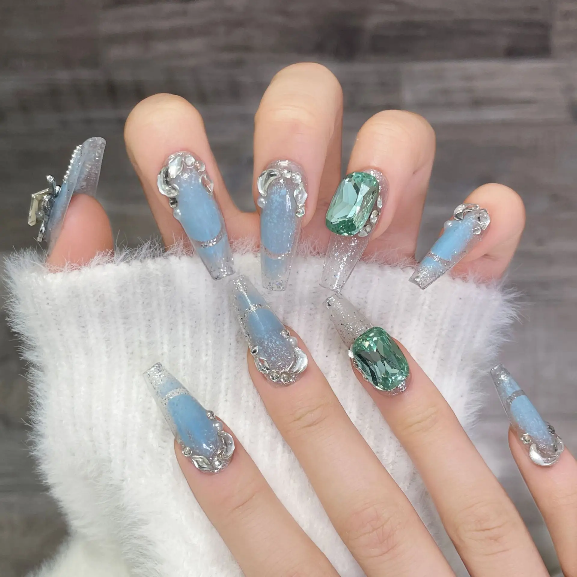 Hand Painted Soft Gel Custom Press On Nails | Matte Baby newest Blue Clouds | Rhinestones | Luxury