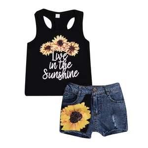 Customized Logo Girls Summer Vest Sunflower Printing Top Denim Shorts Set for Kids 2-14 Years
