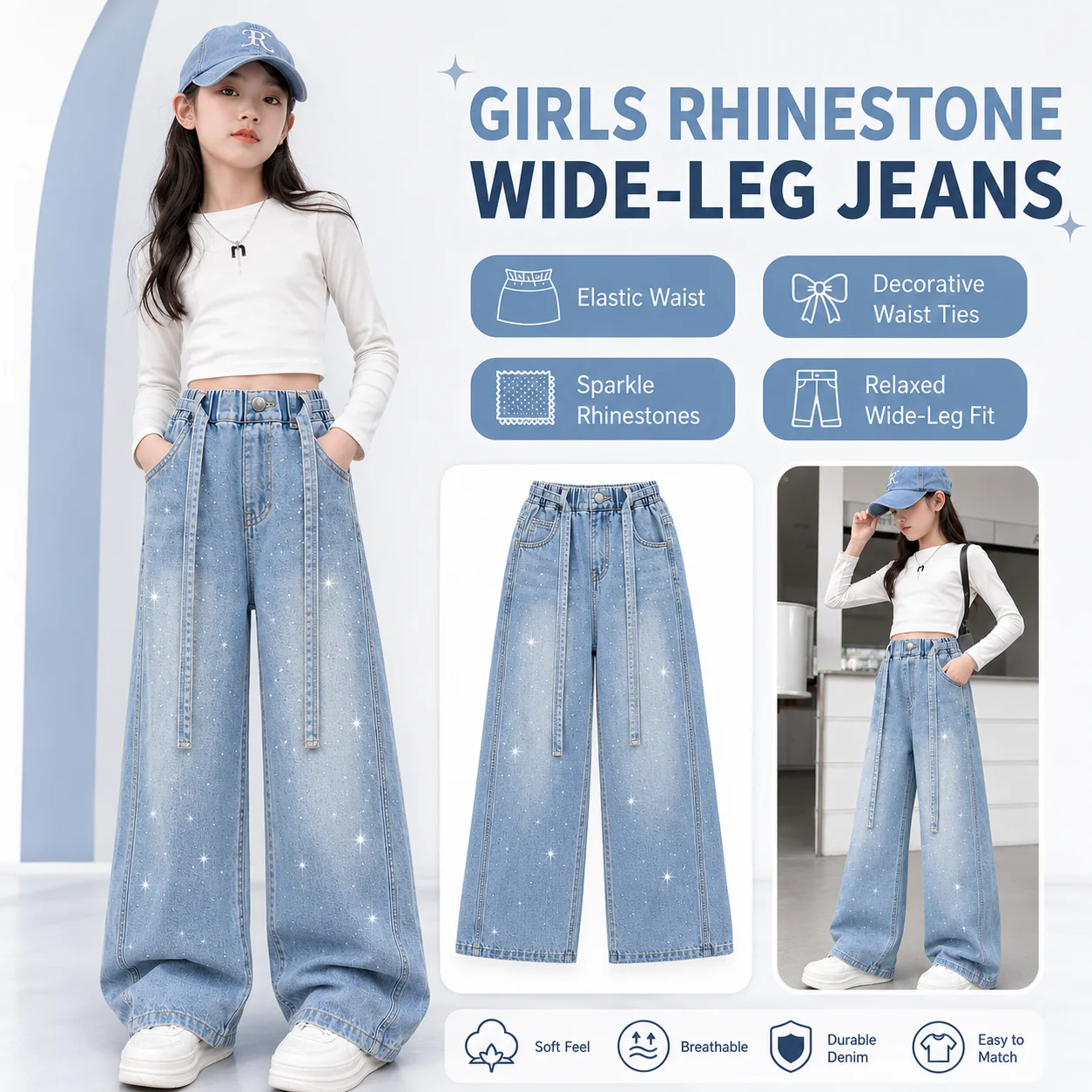 Women's High Waist Baggy Denim Pants Drawstring Wide Leg Jeans Breathable Vintage Solid Washed Casual Loose Summer Winter Autumn