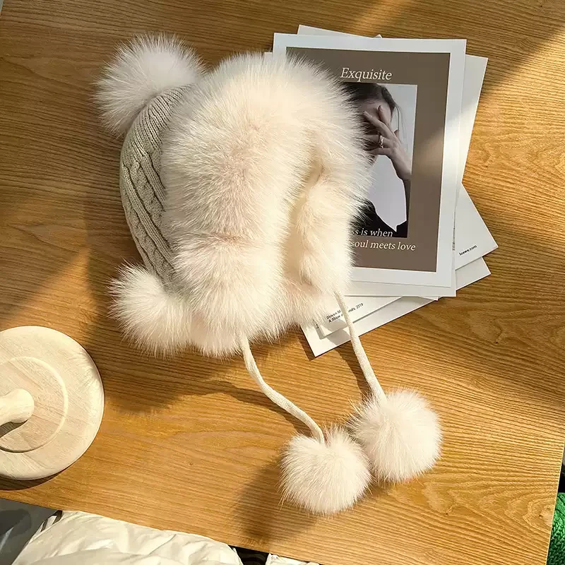 Warm Fluffy Fox Fur Straw Hat Ear Neck Protection Knitted Aviator Ball Hat_voghion.com