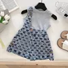 Blue plaid one shoulder overalls two piece set