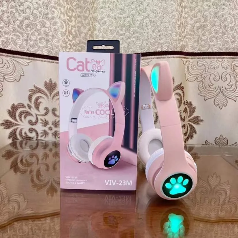 VIV-23M Pink Foldable Cat Headphones Wireless Fun for Kids