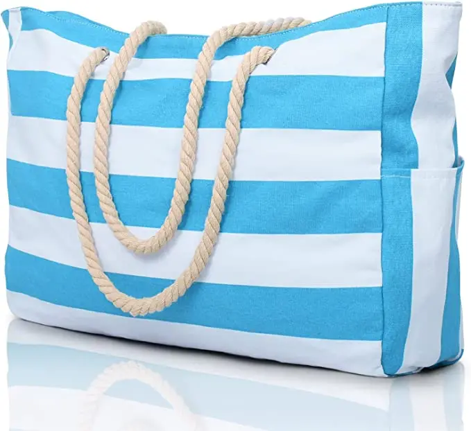 Wholesale Large Blue White Striped Beach Bag Big Oversized Cotton