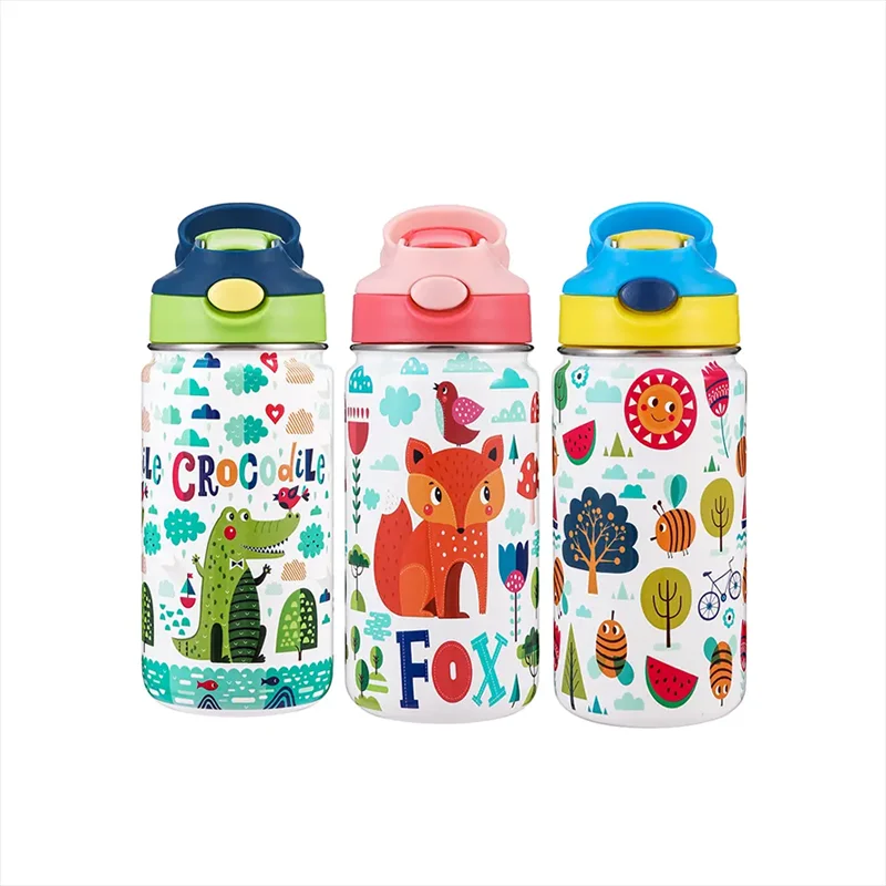 Everich 14oz OEM Carton Pattern Insulated Stainless Steel Vacuum Flask Water Bottles With Straw Lid for Kids